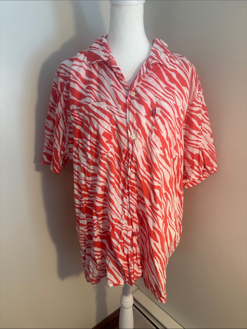 Men's Red Zebra Print Short Sleeve Button-Down Shirt